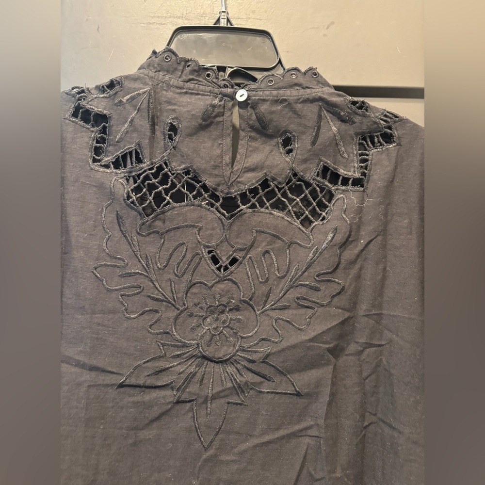 Sundance Ayre Lace Blouse Top Black Cutout Floral Ruffle Cotton Short Sleeve LG - Picture 9 of 13